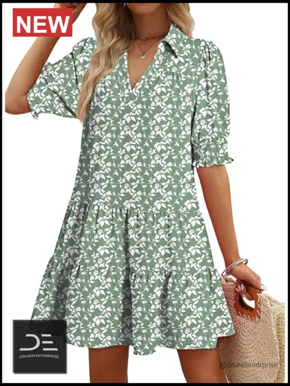 Lapel V-Neck Mid Sleeve Pleated A-Line Midi Dress for Women